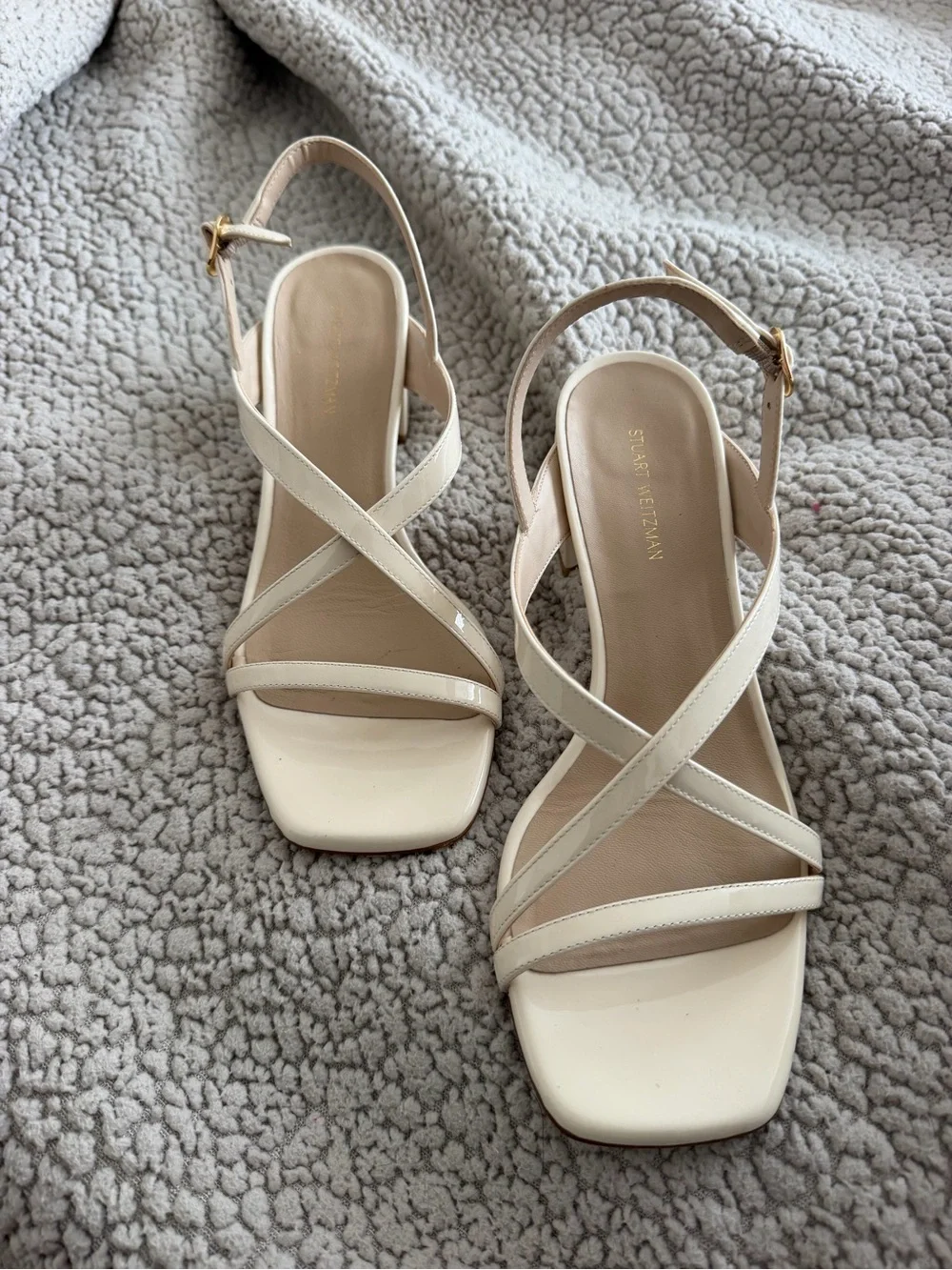 Stuart Weitzman Cream Strappy Block Heel Sandals - Picture 2 of 8